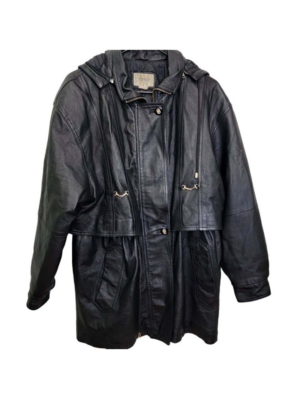 Vintage 80s Leather Jacket Women Small Black Coat Utility Outerwear Retro Hood 6